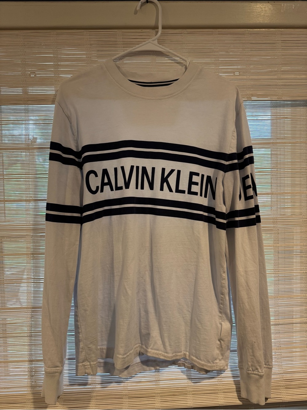 Calvin Klein Jeans White Long Sleeve Logo Tee with Black Stripes